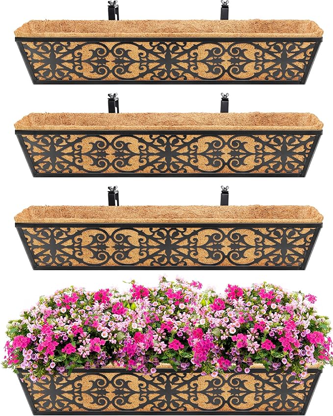 4 Pack 30 Inch Window Boxes Planters Railing Planter Box with Adjustable Brackets & Coco Liners Fabric Plant Grow Bags Deck Railing Planter Boxes Balcony Hanging Flower Box for Outdoor Plants