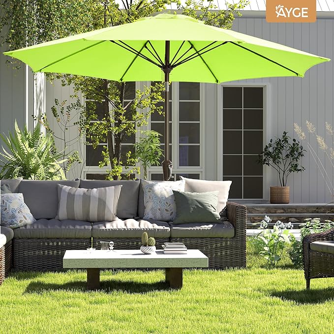 Ayge 9FT Large Outdoor Patio Umbrella Market Table Umbrella-UV Resistant, Easy Push Button Tilt and Crank, 8 Sturdy Fiberglass Ribs Heavy-Duty Pool Umbrella for Deck, Backyard,Garden,Lime