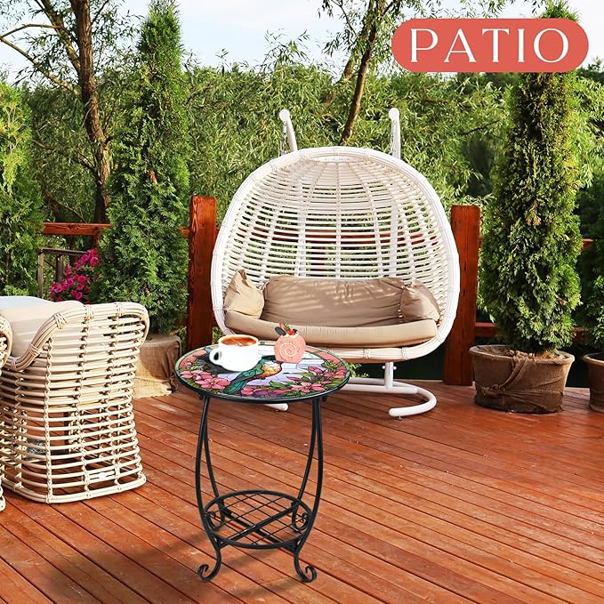 Outdoor Side Table Round Small Mosaic Patio Accent Indoor End Plant Metal Coffee Tea Table for Yard Porch Garden Patio Living Room, Bedroom(Hummingbird Style,14 Inch)