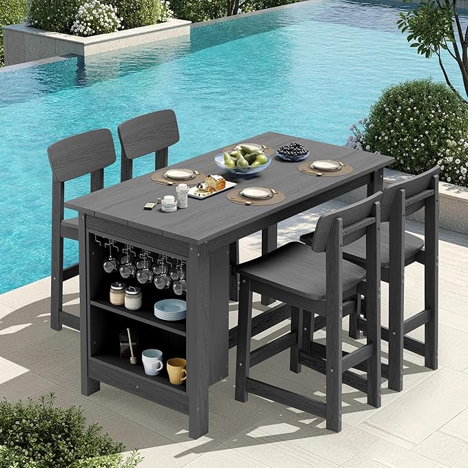 SERWALL Outdoor Bar Table and Chairs Set, 5-Piece HDPE Counter Height Patio Dining Sets with Storage and Wine Rack, Rectangular High Top Bar Table with 4 Bar Stools for Garden, Backyard, Gray