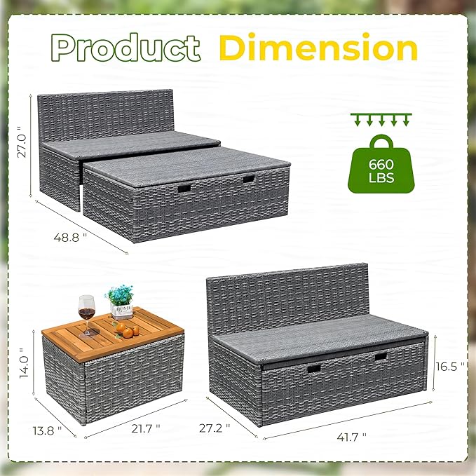 Greesum Outdoor Daybed Set Multifunctional Wicker Lounge Bed Furniture with Two Side Tables, Cushions, Storage Bench for Porch Lawn Patio Beach, OneSize, White