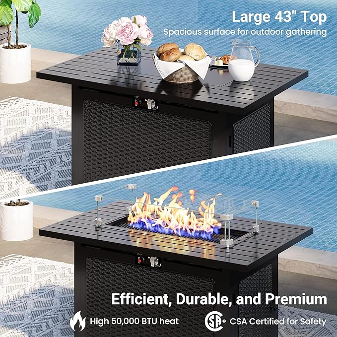 Wisteria Lane 8 Pieces Outdoor Patio Furniture Set with 43" Fire Pit Table, Wicker Outdoor Patio Sectional Sofas with Coffee Table, All-Weather Patio Conversation Set for Backyard Garden, Light Blue