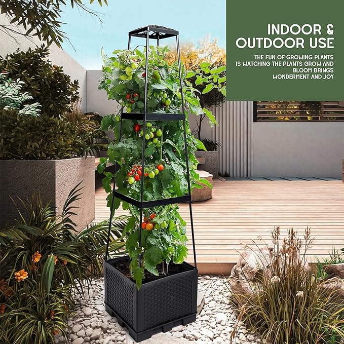 GENMOUS 3 Tiered Tomato Planter with Trellis for Small Climbing Vegetables Plants, 45” Raised Garden Bed Planter Box Tomato Cage Tomato Planters for Patio Indoor Outdoor Vegetables Growing Plants