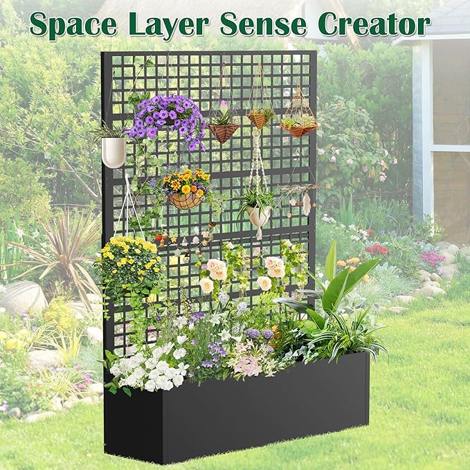 Metal Planter Box with Trellis 47" L x 16" W x 72" H, Raised Garden Bed with Privacy Screen, Privacy Planters for Climbing Plants, Flowers, Vegetables, Fruits