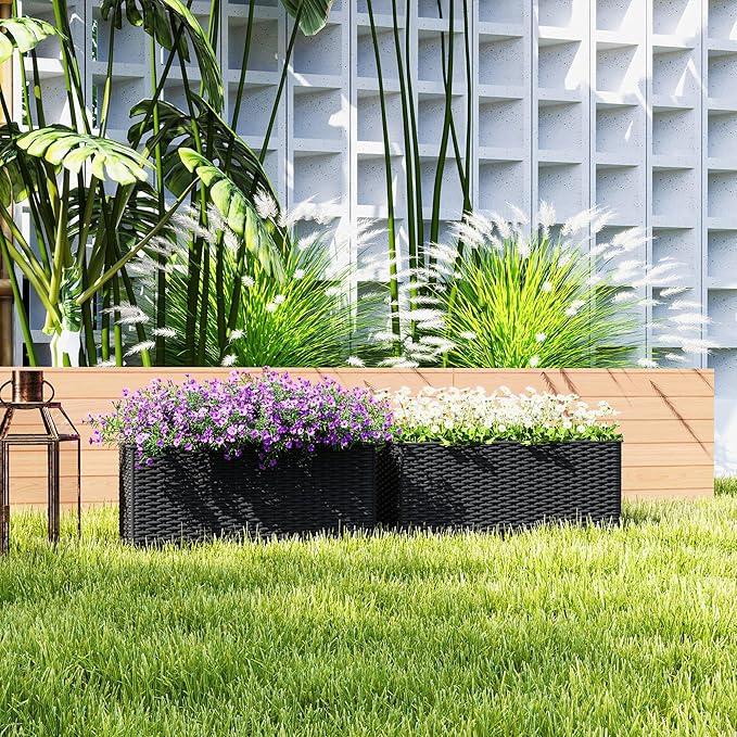 Outsunny Railing Planter Box (2 Pack, 20 Inch), Hanging Flower Pots with Hooks, Drainage Holes for Fence, Balcony, Garden, Patio, Rattan Look, Black