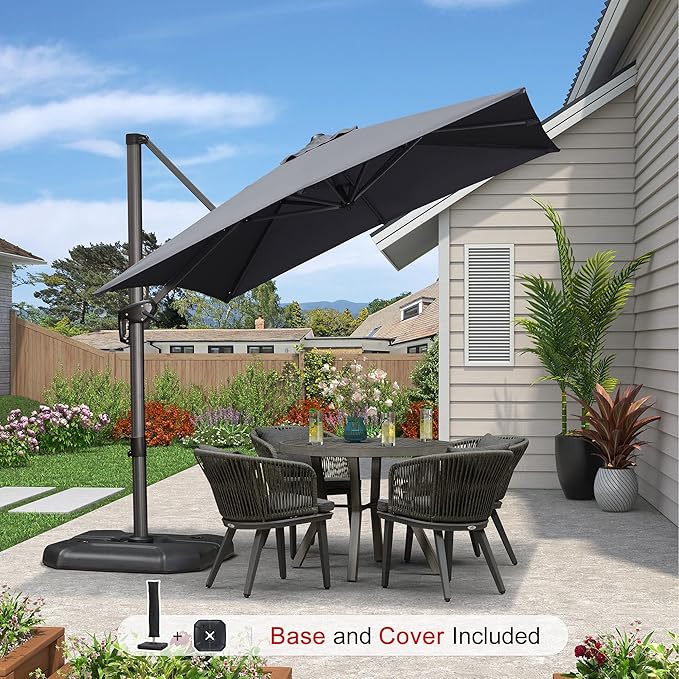 PURPLE LEAF 8'×8' Patio Cantilever Umbrella with Base Included Offset Outdoor Umbrella with cover Square umbrella outdoor patios for Backyard Pool Garden Grey