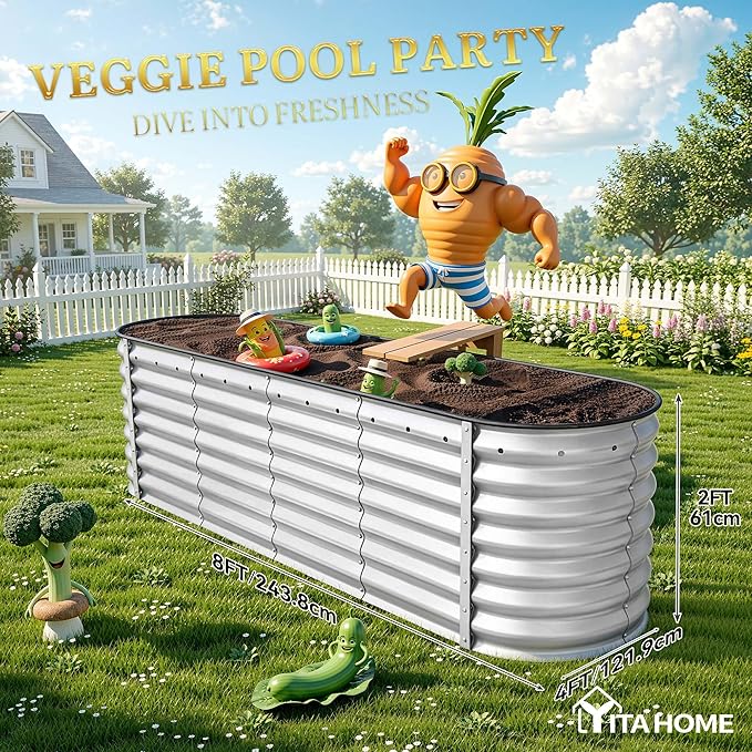 YITAHOME 24" Tall 9 in 1 Large Raised Garden Bed Kit, 8x2x2ft Galvanized Metal Planter Box with Gloves and Safety Rubber, Outdoor Above Ground Planters for Plants Vegetables Flowers, Silver