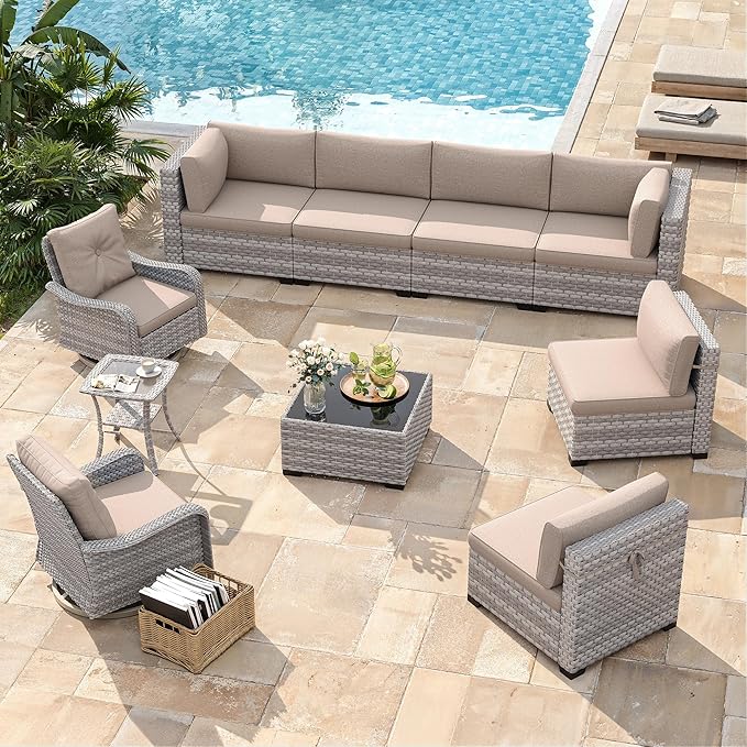 8-Seat Modern Patio Furniture Set with Swivel Rocking Chairs, Thick 4″ Cushions, Dual-Strand Wicker Rattan, Rust-Resistant Steel Frame – Outdoor Conversation & Modular Sectional,Beige