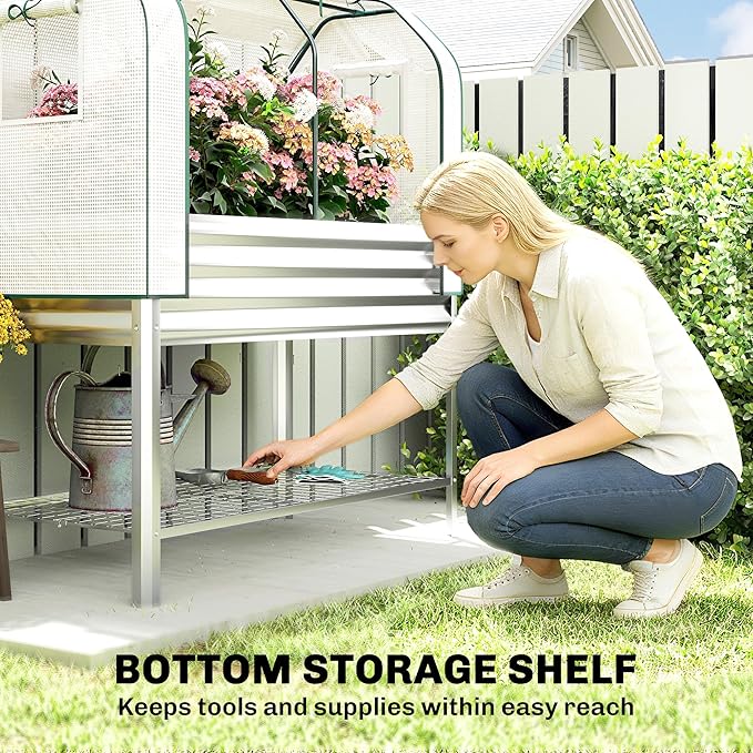 Outsunny Galvanised Raised Garden Bed with Greenhouse Cover, Metal Elevated Garden Bed with Legs, Bed Liner and Bottom Shelf, Outdoor Raised Planter Box for Vegetables, Herbs, Flowers, Silver