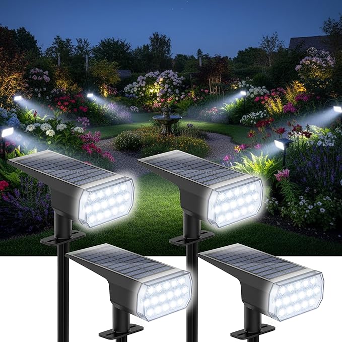 Solar Lights Outdoor Waterproof, 3 Lighting Modes Solar Spot Lights Outdoor, LED Solar Spotlights, Ultra Bright Dusk-to-Dawn Uplights for Garden, Landscape, Yard, Pathway, IP65, Auto On/Off