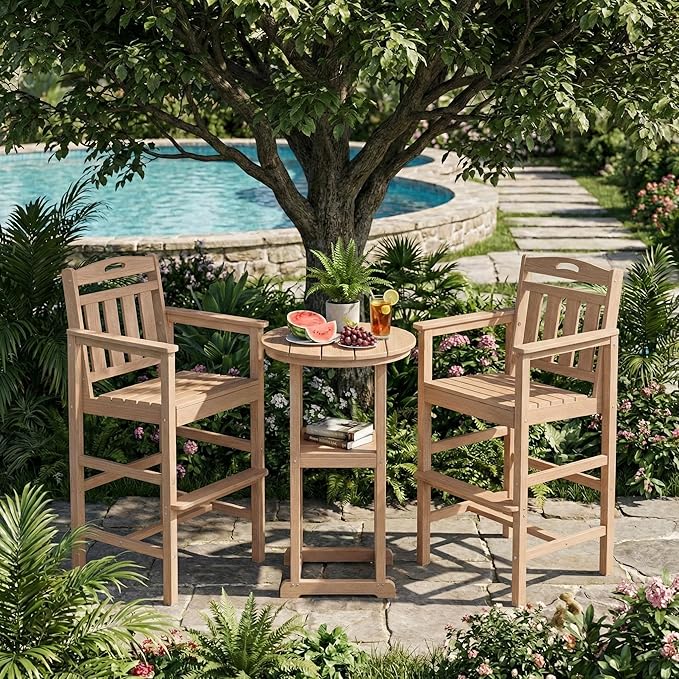 Ciokea Heavy Duty Bar Height Chair, 380lbs Outdoor Adirondack Tall Bar Chair Patio Stool with Arms & High Back, Heavy Duty All-Weather for Balcony, Poolside, Deck and Garden, Teak