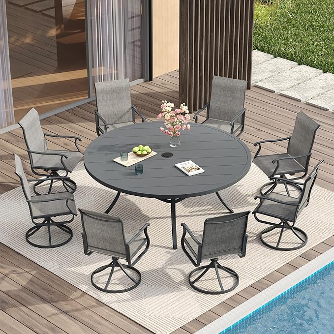 VICLLAX 60" Outdoor Round Patio Table for Lawn Garden, All Weather Metal Patio Dining Table with Adjustable Umbrella Hole, 8-10 Person, Grey