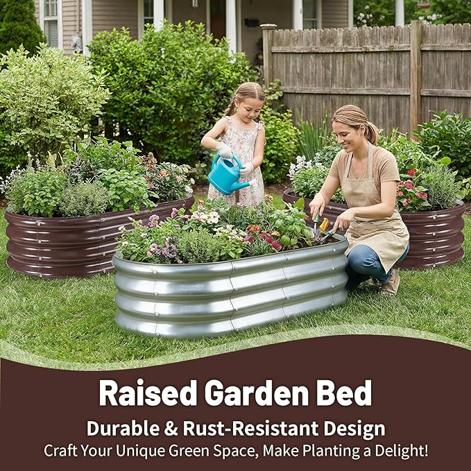 GOOZOO 2PC Galvanized Planter Raised Garden Bed, 4x2x1ft Raised Garden Bed Kit for Gardening Outdoor, Oval Metal Land Planter Box for Vegetables, Fruits, Flowers（Brown）
