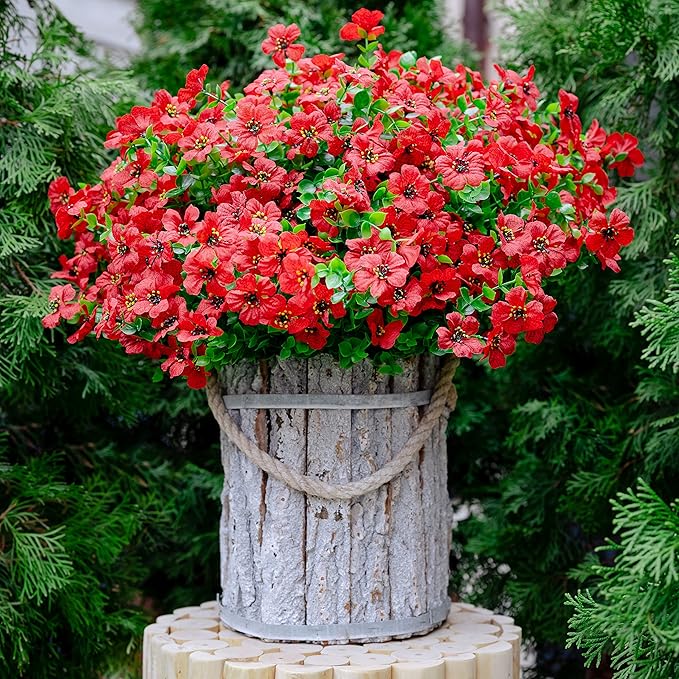 Artificial Flowers for Outdoors Fake Plants - 16 Bundles Faux Outside Greenery Boxwood No Fade Plastic Shrubs Fall Decor Farmhouse Home Garden Thanksgiving Mums (PureRed)