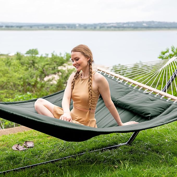 SUNCREAT Standing Hammock with 15 ft Stand, Hammocks for Outside, Gray Green