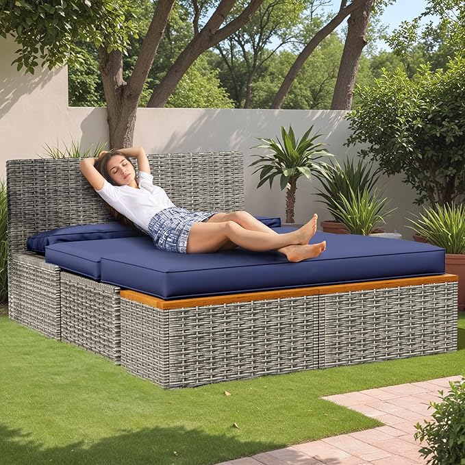 Flamaker Outdoor Rattan Lounge Chair with 2 Side Tables, Multifunctional Outdoor Patio Daybed with Footrest, Cushions, Storage Ottoman,Chaise Lounge Chair for Backyard Porch Poolside(Deep Blue)