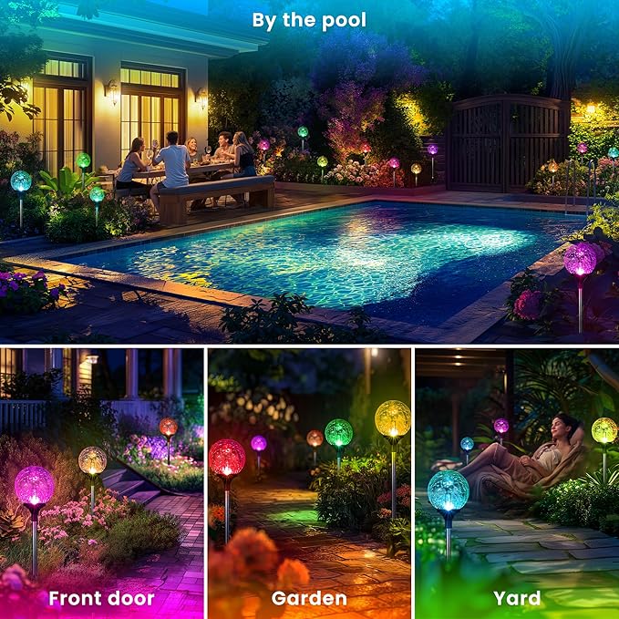 GIGALUMI Solar Garden Lights 3 Pack, Outdoor Solar Lights for Yard Decorative, Christmas Lights Outdoor Decorations Waterproof, Multi-Colored Changing Garden Globes Cracked Glass Ball with LED Lights