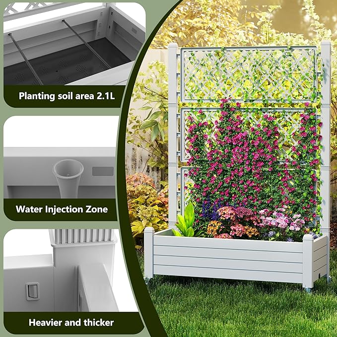 EasyUp Raised Garden Bed with Trellis for Climbing Plants,Outdoor Herb Garden Planter with Drainage Plug and Gauge,Durable Dust-Proof Resin for Garden, Patio, Balcony, and Backyard