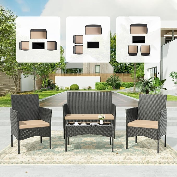 Kullavik 4 Pieces Outdoor Patio Furniture Set,PE Wicker Rattan Chairs Garden Conversation Sets with Tempered Glass Table and Soft Cushions for Lawn,Pool or Backyard,Sand