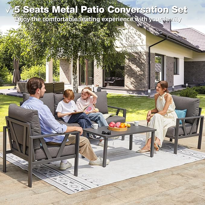 Outdoor Patio Furniture Set, 4 Pieces Metal Patio Furniture Set with Coffee Table, Modern Outdoor Conversation Seating with 6.5" Thick Cushions, Dark Grey