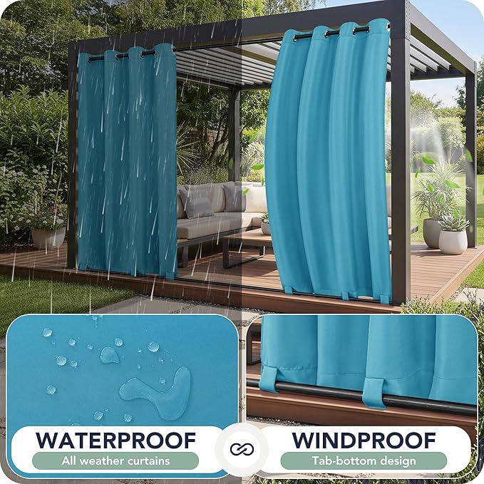 Outdoor Curtains for Patio Waterproof 6 Panels - Windproof, Privacy, Weatherproof Outside Drapes for Gazebo Pergola Porch, Grommet Top and Tab Bottom, 54x95 Inch, Teal