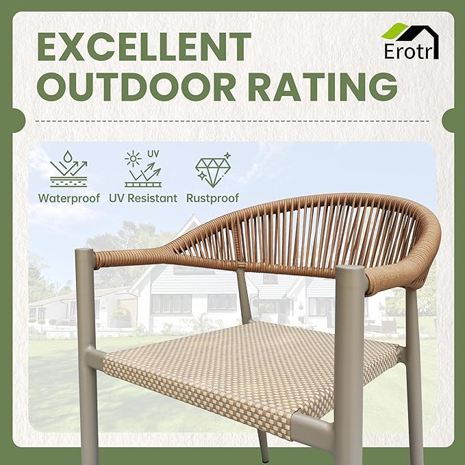 4 Pcs Stackable Patio Dining Chairs, Aluminum Rattan Outdoor Dining Chair with Arms, Woven Rope Garden Armchair Metal No Assembly for Bistro Balcony Porch Deck Yard Cafe Restaurant, Light Brown