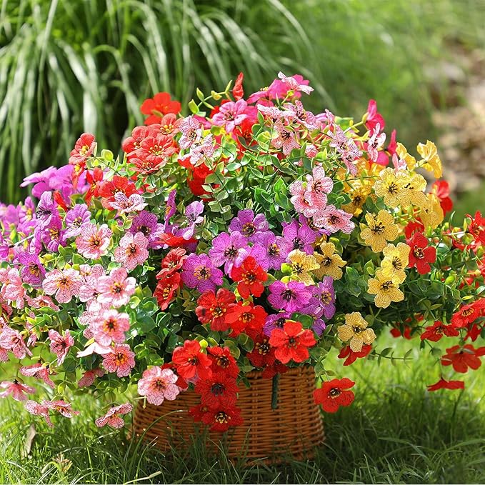 Artificial Flowers Outdoor Fake Plants, Faux Silk Flowers Plastic Plants for Outdoors Indoor Outside Front Porch Hanging Planter Window Box Garden Home Spring Decoration, 14 Pack (Mix)