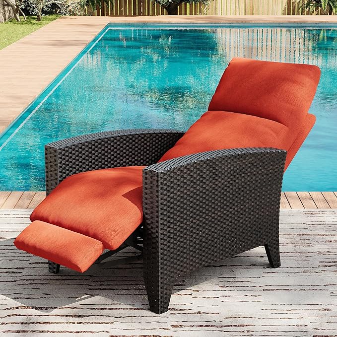 IDEALHOUSE Wicker Outdoor Recliner Reclining Patio Chairs with Adjustable Back & Footrest 150° Lay-Flat Reclining with Air Pump Rattan Flip-Up Side Table Outdoor Lounge Chairs for Pool Deck Balcony
