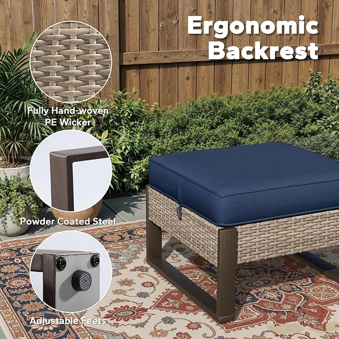 Joyside Outdoor Patio, All-Weather PE Rattan Ottomans Footstools with Removable Cushions & Anti-Rust Wood-Looking Legs for Garden, Backyard, Porch, Deck (Blue)