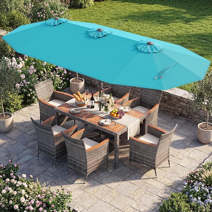 Tangkula 9 Pieces Rattan Outdoor Dining Set with 13Ft Solar Patio Umbrella for 6, Outdoor Wicker Table Set with 8 Cushioned Chairs, Acacia Wood Top, Outdoor Umbrella with Base Included