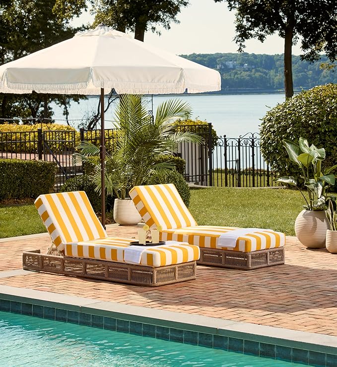 SAFAVIEH Outdoor Collection Gillian Heather Tan & Yellow Stripe Chaise Lounge Chair (Fully Assembled)