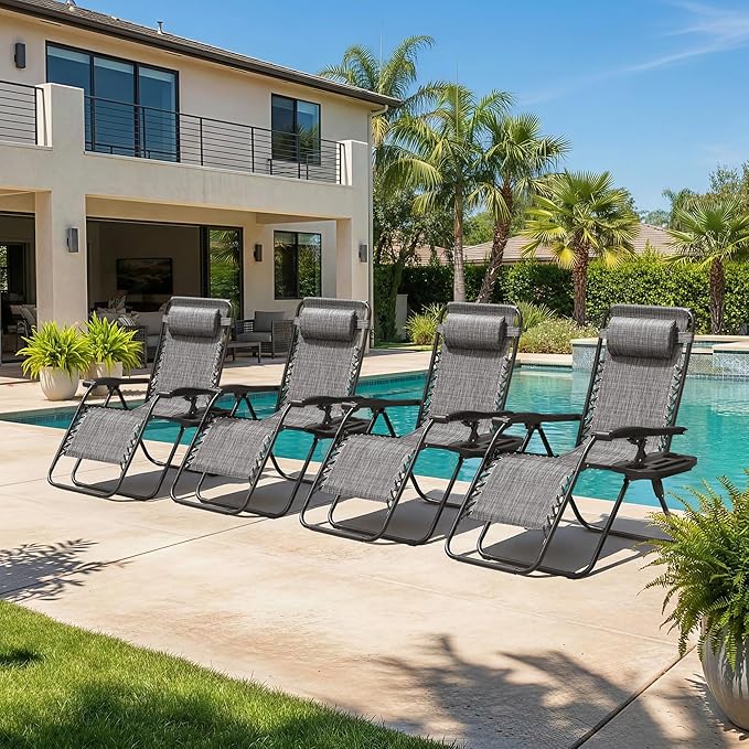 Homall Zero Gravity Chair Patio Folding Lawn Outdoor Lounge Reclining Chair with Cup Holder Pillows for Poolside Backyard and Beach Set of 4 Double Grey