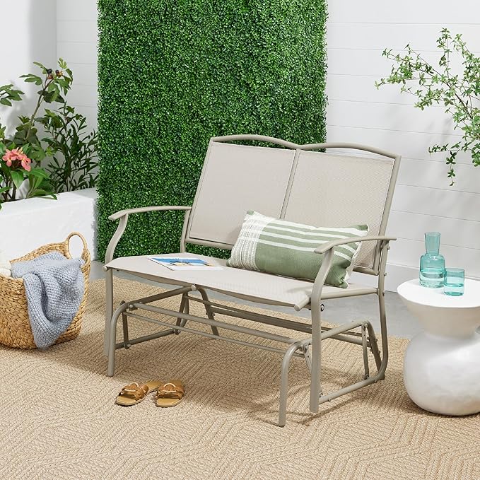 Best Choice Products 2-Person Outdoor Patio Swing Glider Steel Bench Loveseat Rocker for Deck, Porch w/Textilene Fabric, Steel Frame - Taupe