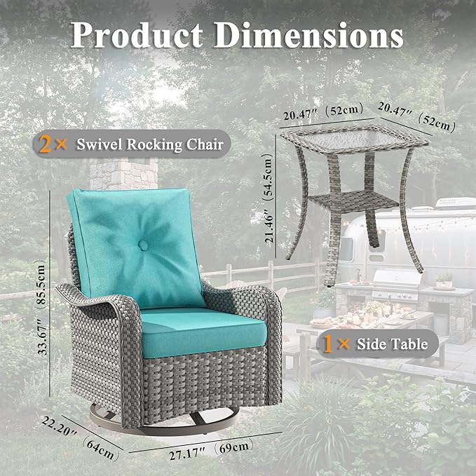 2-Seat Modern Patio Furniture Set with Swivel Rocking Chairs, Thick 4″ Cushions, Dual-Strand Wicker Rattan, Rust-Resistant Steel Frame – Outdoor Conversation & Modular Sectional,Blue
