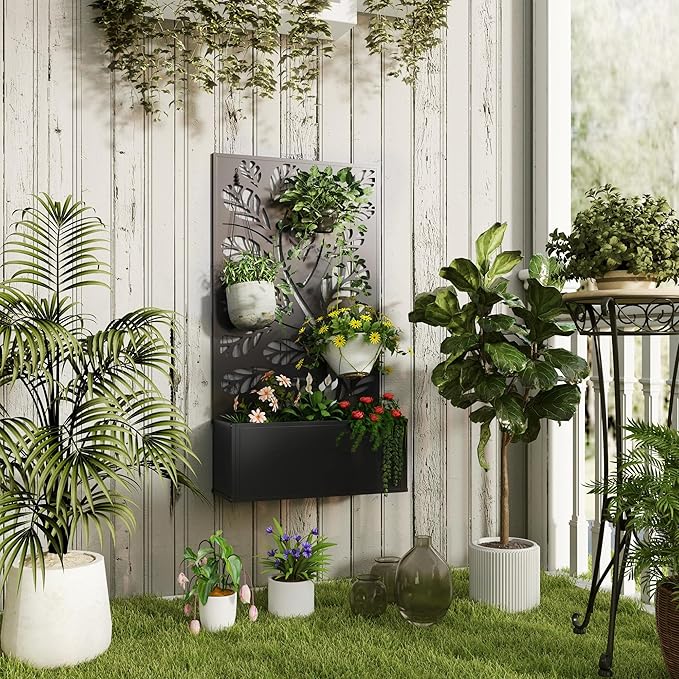 Outsunny Metal Raised Garden Bed with Trellis for Climbing Plants, Freestanding or Wall Mounted Flower Bed with Privacy Panel, Twigs and Leaves Cut-Outs Outdoor Planter Box for Garden, Patio, Balcony