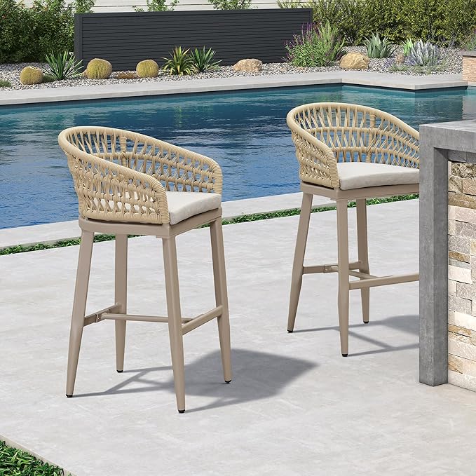 PURPLE LEAF Outdoor Rattan 29" Bar Stools Set of 2, Modern Boho Aluminum Patio Bar Height Chair with Cushion and Back for Outdoor and Indoor, Champagne