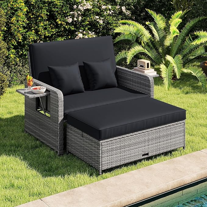 Tangkula Patio Rattan Daybed with 4-Level Adjustable Backrest, Outdoor PE Wicker Loveseat with Storage Ottoman & Folding Side Table, Double Sunbed for Balcony, Backyard & Poolside, Black & Grey