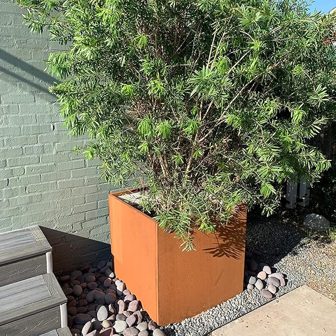 Corten Steel Planter Box Large Outdoor Planter 24 Inch Square Cube Planters Rustic Metal Garden Flower Pot for Commercial Residential Patio and Yard