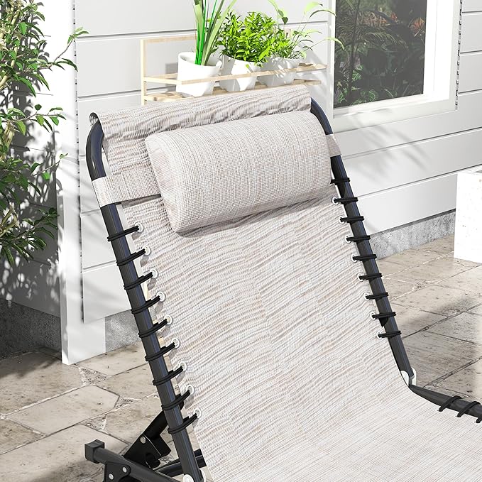 Outsunny Folding Chaise Lounge Chair Set of 2, Patio Sun Tanning Chair, Outdoor Chaise Lounger with 4-Position Reclining Back, Breathable Mesh Seat for Beach, Poolside, Cream