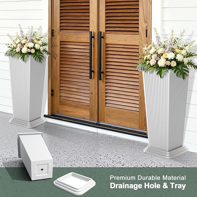 Tall Outdoor Planters Set of 2, 24" Tapered Outdoor Tall White Planter for Front Porch, Large Indoor Modern Planter Flower Pots with Tray, Drainage Holes (Ribbed)