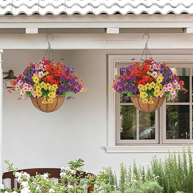 Senjie 2 Set Artificial Hanging Flowers with Basket for Outdoor Decor, UV Resistant 24 Bundles Faux Flowers Fake Hanging Planter for Porch Patio Balcony