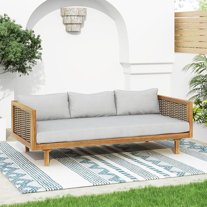 Merax 67.5" Outdoor Patio Daybed 3 Seater Sofa Bed,Acacia Wood Frame with Rattan Arm,Cushion & Pillow for Pool