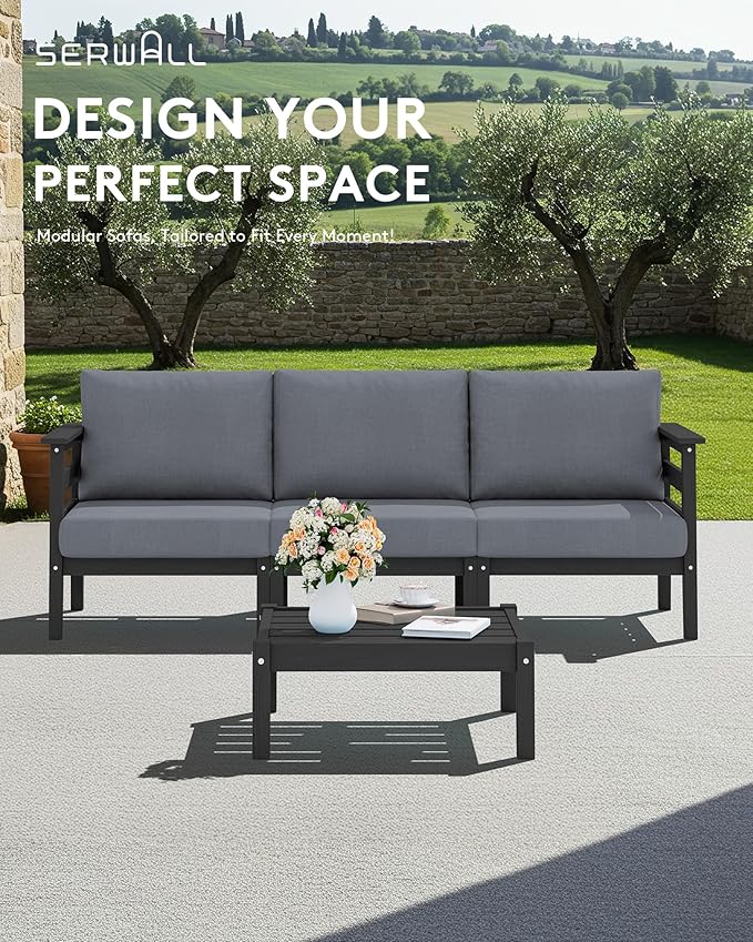 SERWALL HDPE Patio Furniture Set, 4 Pieces Outdoor Sectional Sofa Set, All-Weather Wood-Like Outdoor Sofa Couch with Coffee Table for Deck, Lawn, Black Frame with Grey Cushion