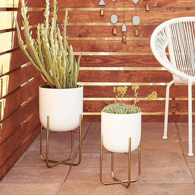 Deco 79 Metal Indoor Outdoor Planter Large Planter Pot with Removable Gold Stand, Set of 2 Planters 16", 13"H, White