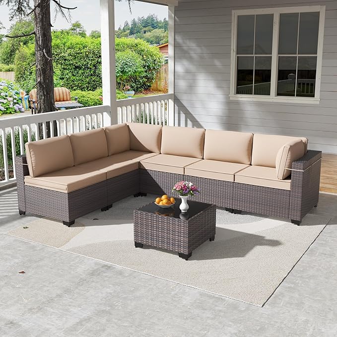 Kullavik 7 Pieces Outdoor Patio Furniture Set PE Wicker Rattan Sectional Sofa Patio Conversation Sets,Sand