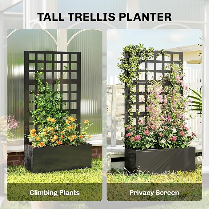 Outsunny Galvanized Raised Garden Bed with Trellis, Metal Planter Box with Drainage Holes, Outdoor Privacy Screen for Climbing Plants, Vegetable, Vines, 24" x 9" x 44.5", Black
