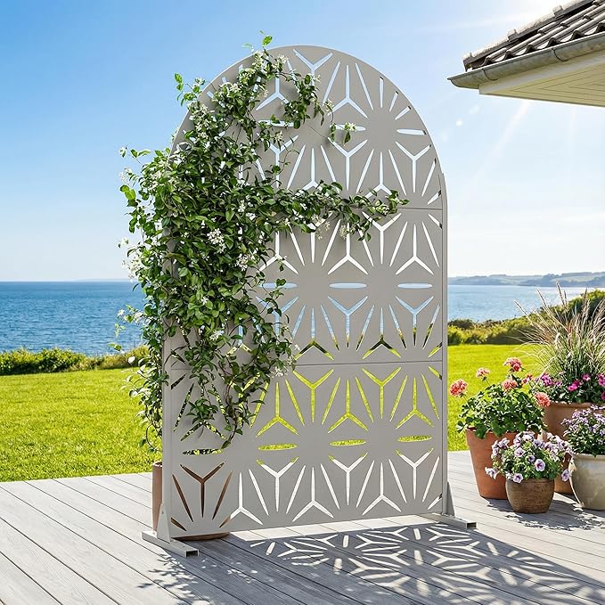 Casaphoria Metal Privacy Screen Outdoor, 72" H x 47" W Arched Freestanding Decorative Privacy Screen for Patio Deck Balcony Garden with Stable Base,Grey-Star