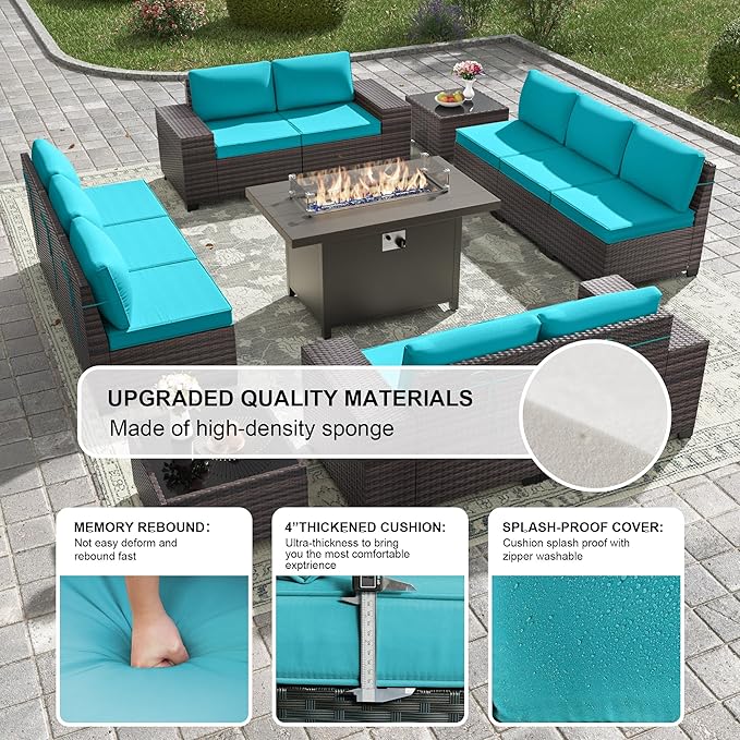 Kullavik 13PCS Outdoor Patio Furniture Set with 43" 55000BTU Gas Propane Fire Pit Table PE Wicker Rattan Sectional Sofa Patio Conversation Sets,Blue