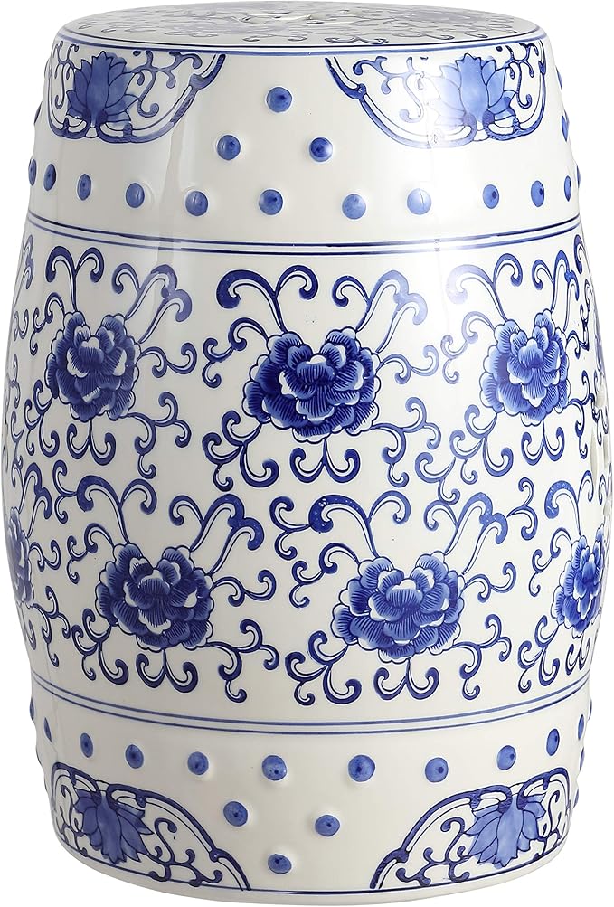 JONATHAN Y TBL1000A Lotus Flower 17.8" Chinoiserie Ceramic Drum Indoor/Outdoor Garden Stool Bohemian, Coastal, Classic, Cottage, French Country, Traditional, Bathroom, Garden Room, Patio, Blue/White