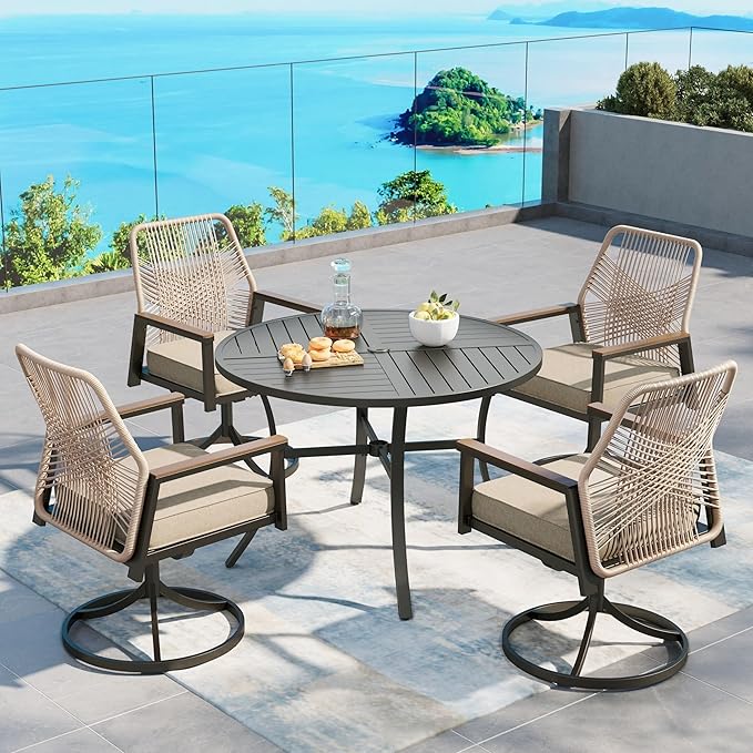 Patio Dining Set 5 Piece, 4 x Woven Rattan Swivel Chairs with Waterproof Cushion, 42” Metal Round Dining Table with Umbrella Hole, Outdoor Table and Chairs Set for Backyard Lawn and Deck, Beige